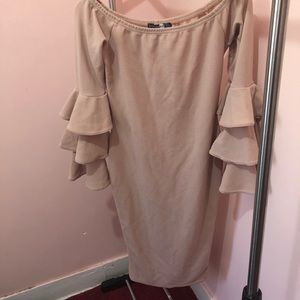 Nude off the shoulder dress with ruffle sleeves